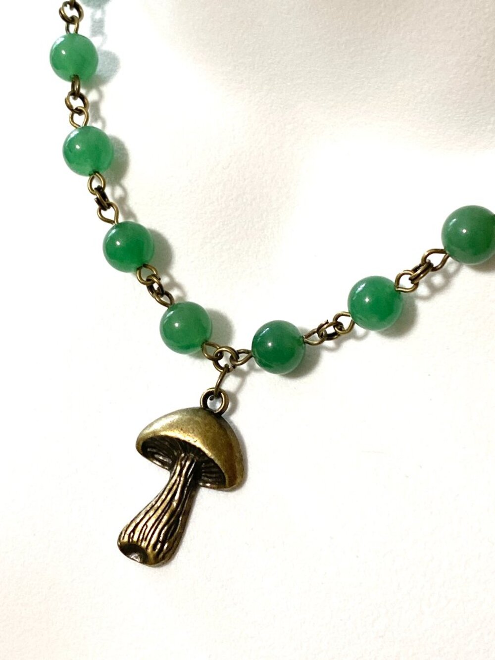 Natural Green Chalcedony Short Necklace, Gemstone & Bronze Slim Mushroom